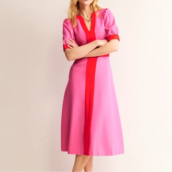 BODEN Petra Puff Sleeve Ponte Midi Dress Sangria Sunset Pink & Red Colorblock - Picture 2 of 15